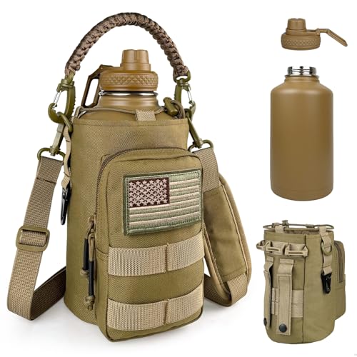 DEFUNX Half Gallon Water Bottle Insulated with Sleeve - Tactical 64 oz Stainless Steel Water Jug with MOLLE Water Bottle Pouch, Gym Water Bottles for Men Hiking Workout (Brown) - color: 64oz - Brown, size: 64 Ounces