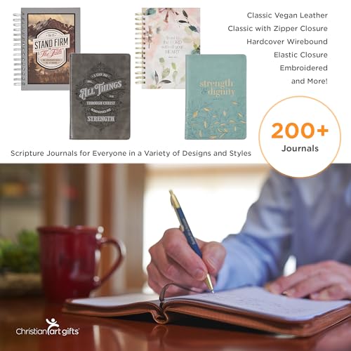 Classic Faux Leather Journal Strong and Courageous Joshua 1:57 Bible Verse, Brown Inspirational Notebook, Lined Pages w/Scripture, Ribbon Marker, Zipper Closure