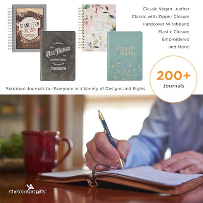 Classic Faux Leather Journal Strong and Courageous Joshua 1:57 Bible Verse, Brown Inspirational Notebook, Lined Pages w/Scripture, Ribbon Marker, Zipper Closure