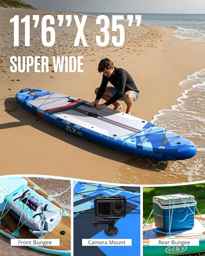 ZLX 11'6"x35" Ultra Wide Inflatable Stand Up Paddle Board | Stable Non-Slip Deck Pad, Unique Fin System, Premium SUP Accessories & Backpack - Upgraded Pump for Adults, All Skill Levels - color: Dark Blue