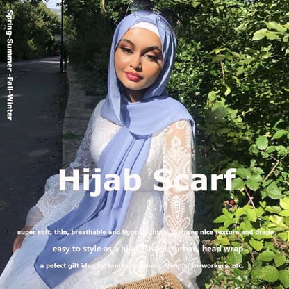 Chiffon Scarf for Women Lightweight Breathable Sunscreen Soft Solid Hijab Scarf for Daily & Muslim Wear - color: Light Blue Chiffon Scarf