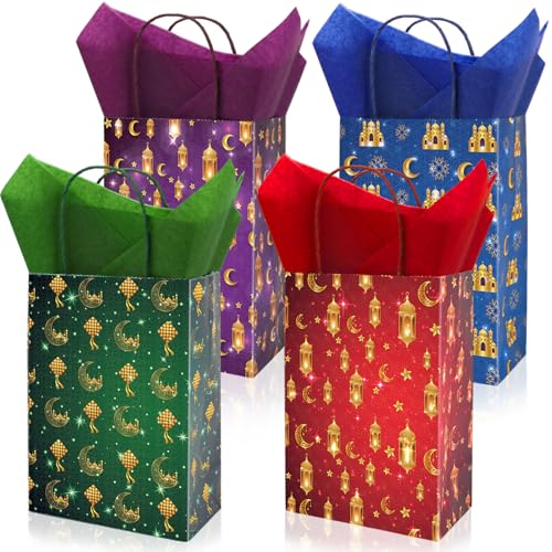FYSUIMU 16Pcs Eid Mubarak Paper Bags with 20 Sheets Tissue Paper Gold Mosque Moon Star Treat Bags with Handles Candy Goodie Bags for Ramadan Muslim Party Favors Supplies