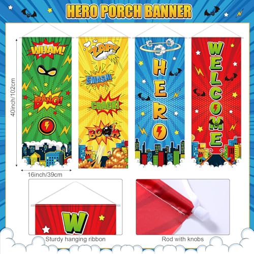 Panelee 4 Pcs Hero Theme Party Banners Hero Party Decorations City Comic Skyline Porch Sign Hanging Door Banner for Cityscape Birthday Backdrop Supplies - style: Hero