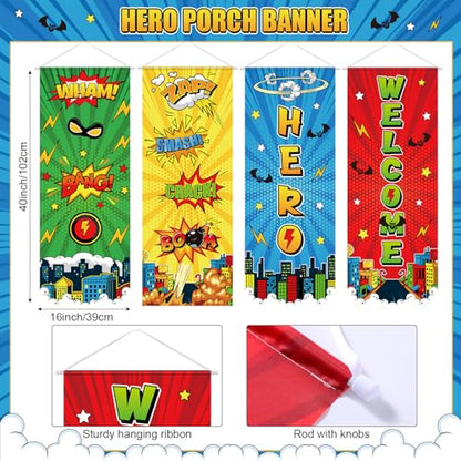 Panelee 4 Pcs Hero Theme Party Banners Hero Party Decorations City Comic Skyline Porch Sign Hanging Door Banner for Cityscape Birthday Backdrop Supplies - style: Hero