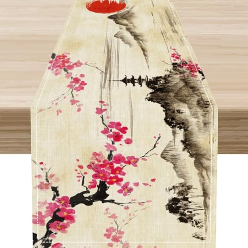 Japanese Table Runner, Cherry Blossom Asian Ink Painting Landscape Anime Nature Vintage Asian Oriental Chinese Coffee Table Center Decor for Home Kitchen Dining Patio Indoor Outdoor, 13"x36" Inch - color: Japanese-3, size: 13x36" Table Runner