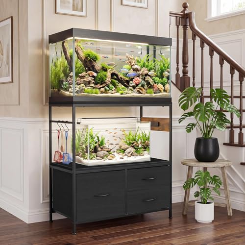 Garvee 20-29 Gallon Fish Tank Stand, Metal Double Aquarium Stand with Cabinet, Heavy Duty Reptile Terrarium Stand, for Home Office Fish Tank Shelf, 31.5" l x 15.7" w x 32.5" h, 330LBS Capacity, Black