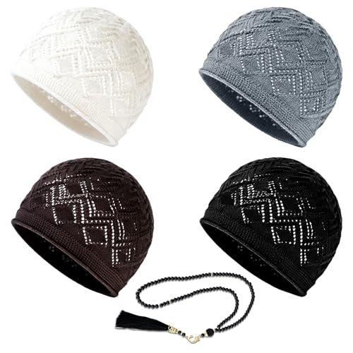 Kufi Hats for Men, 4-Pack Muslim Crochet Caps, 100% Breathable Skull Beanies for Men, Includes Gray, Black, Brown, White, Handicraft Taqiyah for Thobe