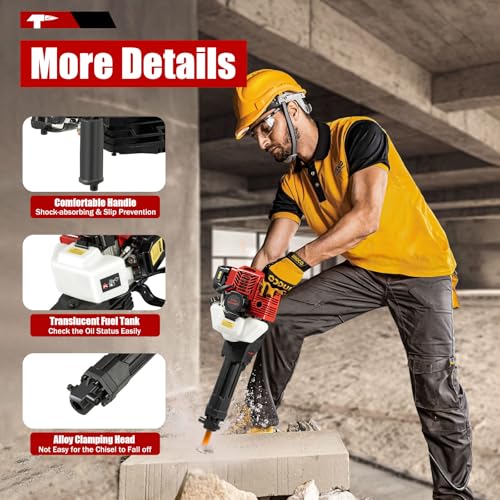 1900W 52CC Gas Powered Demolition Jack Hammer Concrete Breaker, 2 Stroke Air Cooling Gasoline Hammer Drill Tool with 2 Chisels for Building Construction and Ice Breaking Region