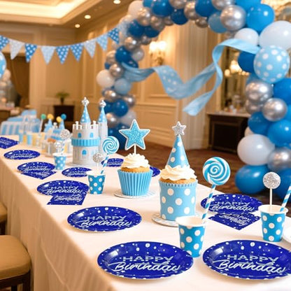 96Pcs Blue and Silver Birthday Party Decorations Silver Polka Dots on Blue Paper Plates and Napkins Disposable Tableware for Men Birthday Party Father's Day Graduation Decorations 2026 Serves 24 - style: Blue Sliver Wave Point Birthday Sets