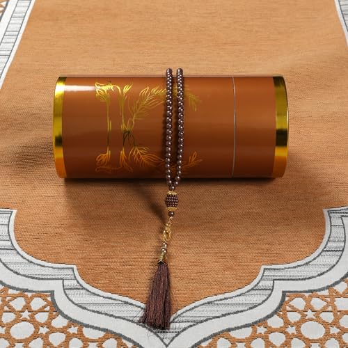 Muslim Prayer Rug Islamic Mat with Prayer Beads - Lightweight Ramadan Eid Prayer Carpet Mat with Cylinder Gift Box Set, Khaki - color: Khaki