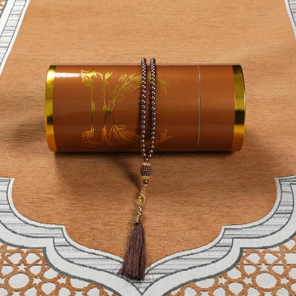 Muslim Prayer Rug Islamic Mat with Prayer Beads - Lightweight Ramadan Eid Prayer Carpet Mat with Cylinder Gift Box Set, Khaki - color: Khaki