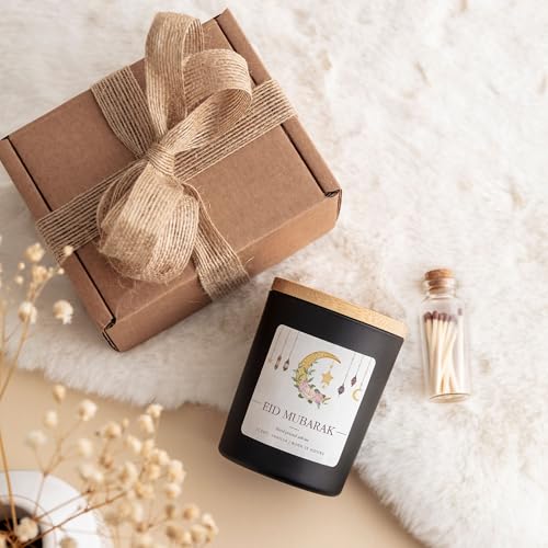 Eid Mubarak Scented Candle Gift | Islamic Celebration Candle with Gift Box and Mini Matches-White/Unscented - color: White