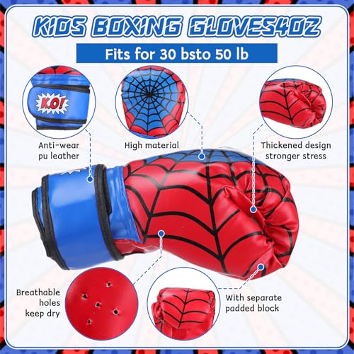 Boxing Gloves and Punching Mitts Set 4oz Gloves Boxing Pads Kids Youth Sparring Gear Training Equipment for Taekwondo Kick Karate Muay Thai MMA Martial Art - style: Red Spider