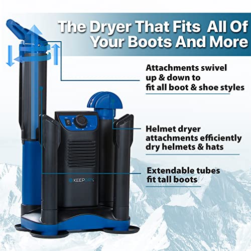 KeepDry Forced Heat Boot Dryer - Heavy Duty Shoe Dryer with Heat Switch & Timer - Quickly Dry Garments - Collapsible Drying Tubes | 250W Forced-Air Boot Dryer, 3-Hr Timer, Heat-Off Switch, 4 Adjustable Collapsible Tubes, Helmet Attachments