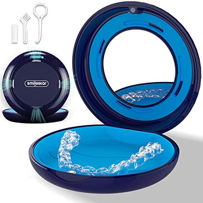 Retainer Case, Slim Aligner Case with Adjustable Vent Holes and Mirror, Compatible with Invisalign, Night Guard and Mouth Guard, Premium Retainer Case, With Aligner Remover Tool, Chew & Brush, Blue - color: Round: Blue