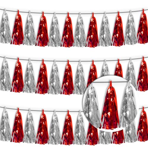 3P Red Silver Tassel Banner Garland Metallic Foil Fringe Banner Tinsel Tassels Streamer Banner Backdrop for Parade Floats, 2025 Graduation Decorations, Father's Day, Wedding Party Decoration - color: Red Silver