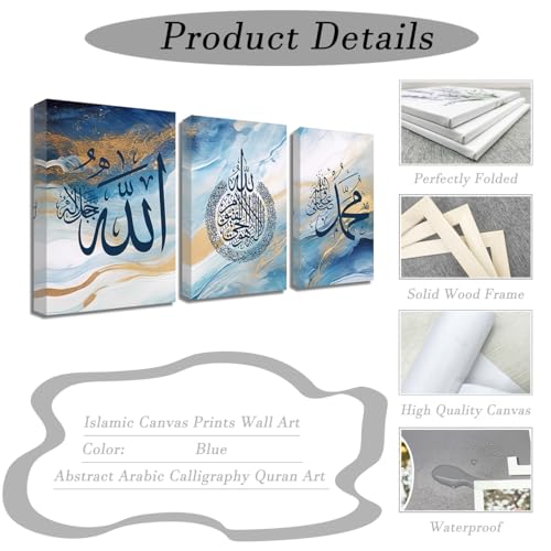 ZQQART Islamic Canvas Wall Art 3 Pieces Ayatul Kursi Allah Name Muhammad Picture Prints Abstract Arabic Calligraphy Muslim Art Poster Eid Gifts (Blue,24.00" x 36.00" x 3Pcs) - color: Blue, size: 24.00" x 36.00" x 3Pcs