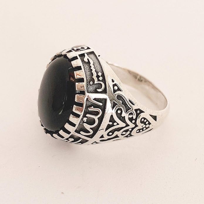 Islamic Sterling Silver Ring with Black Yemeni Aqeeq Stone, 925 Silver Religious Engraved Design, Ahlulbayt Muslim Prayer Jewelry for Men and Women,islamic ring,islamic men wowan ring - color: Black Onyx