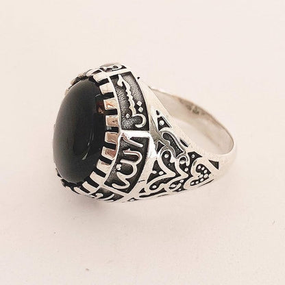 Islamic Sterling Silver Ring with Black Yemeni Aqeeq Stone, 925 Silver Religious Engraved Design, Ahlulbayt Muslim Prayer Jewelry for Men and Women,islamic ring,islamic men wowan ring - color: Black Onyx
