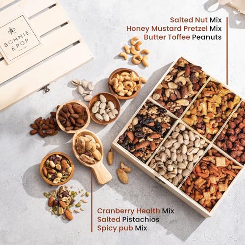 Happy Birthday Food Gift Basket, Healthy Nut Gift Tray, Birthday Snack Treat in Reusable Wooden Crate, Gourmet Assorted Food Delivery, Birthday Snack Box, For Men, Women and Families, Bonnie & Pop - style: Birthday