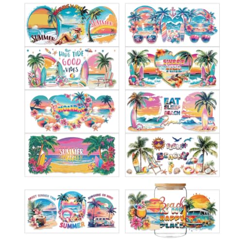 arricraft 10 Pcs Colorful Summer Beach Theme Cup Printing UV Transfer Papers, 10 Styles Sandbeach Coconut Trees Sunset UV DTF Cup Wrap Stickers for 16 OZ Glass Cups Crafts 9.5x4.3inch - style: Summer Beach Theme
