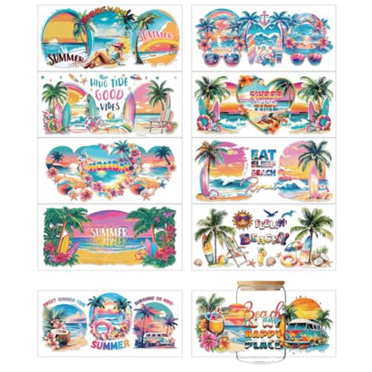 arricraft 10 Pcs Colorful Summer Beach Theme Cup Printing UV Transfer Papers, 10 Styles Sandbeach Coconut Trees Sunset UV DTF Cup Wrap Stickers for 16 OZ Glass Cups Crafts 9.5x4.3inch - style: Summer Beach Theme