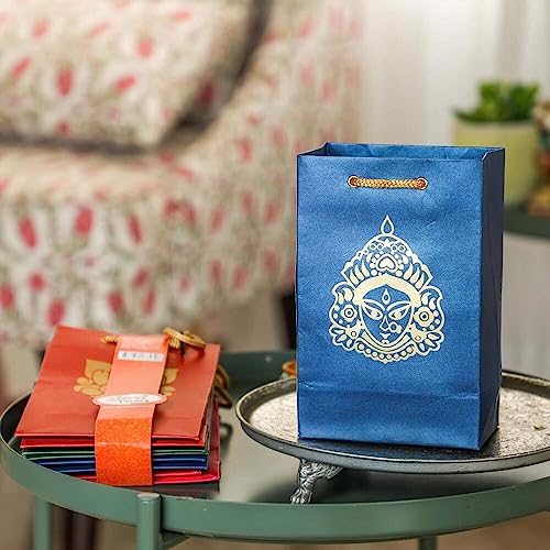 Desi Favors Durga Mata Paper Bags - Indian Gifts, Durga, Party Favor, Goodie Bags - Small (5x3x8 Inch) for Diwali, Pooja, Housewarming, Wedding Return Gifts (Pack of 8) - style: Durga Mata Paper Bags