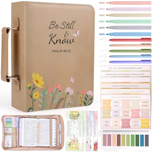 XKDOUS Bible Cover for Women Leather Bible Bag Large Book Carrying Case Kit - color: Khaki Flowers