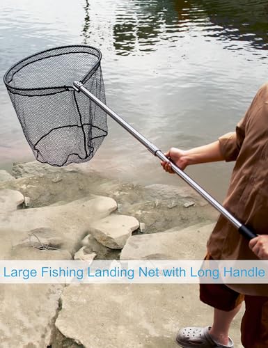 Large Rubber Fishing Net Heavy Duty Extra Large Landing Net with Telescoping Handle, Saltwater Aluminum Fish Net with 6pcs Jig Swimbait, Extends to 72-94in, Depth 27.5in