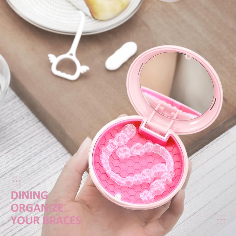 Retainer Case Slim Aligner Case with Vent Holes Removable Inner Tray Silicone for Easy Cleaning, Retainer Removal Tool and Brush (Opaque Pink) - color: Opaque Pink