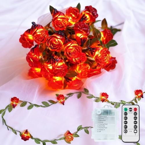 suddus 40LED Red Rose Flower String Lights Battery Powered with Remote - color: Red Rose with Vines