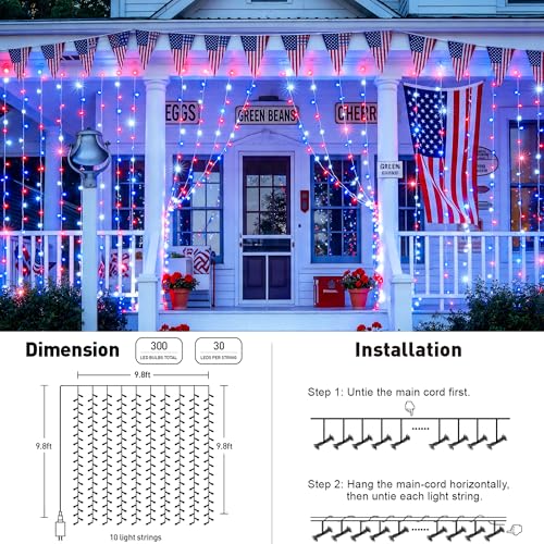 JMEXSUSS 300LED Red White & Blue Curtain Lights for 4th of July, 9.8x9.8ft - color: Red White and Blue, size: 300 LED