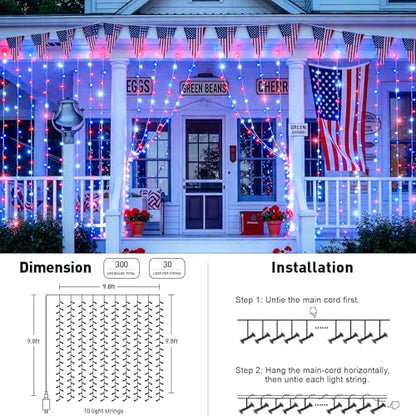 JMEXSUSS 300LED Red White & Blue Curtain Lights for 4th of July, 9.8x9.8ft - color: Red White and Blue, size: 300 LED