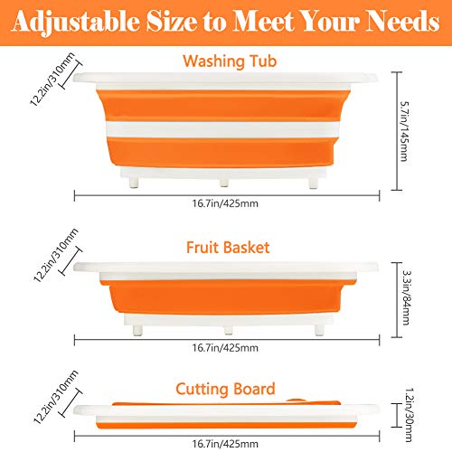 Rottogoon Collapsible Cutting Board, Foldable Chopping Board with Colander, Multifunctional Kitchen Vegetable Washing Basket Silicone Dish Tub for BBQ Prep/Picnic/Camping(Orange) - color: Orange