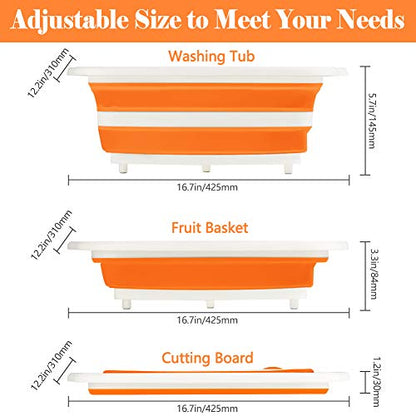 Rottogoon Collapsible Cutting Board, Foldable Chopping Board with Colander, Multifunctional Kitchen Vegetable Washing Basket Silicone Dish Tub for BBQ Prep/Picnic/Camping(Orange) - color: Orange