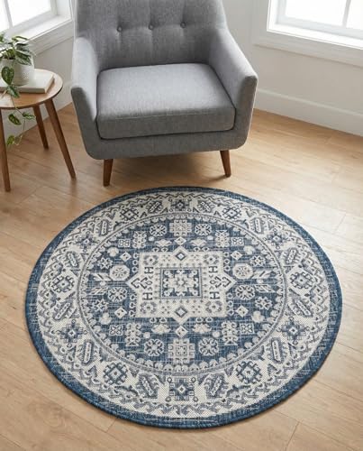Rugs.com - Outdoor Aztec Rug – 3 Ft Round Blue Indoor/Outdoor Rug – Washable, Stain-Resistant for Patios, Decks, and Porches - color: Blue, size: 3' (Round)