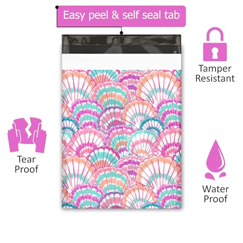 10x13 (100) Summer Seashell Summer Designer Poly Mailers Waterproof Self Sealing Tear Resistant Polymailers Shipping Envelopes Premium Printed Bags For Small Businesses - color: Seashells, size: 10x13