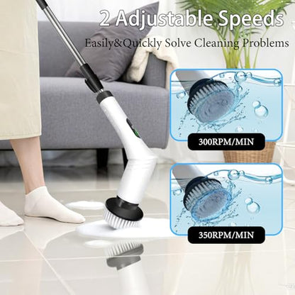 Spin Scrubber, 9-in-1 Multifunctional Electric Cleaning Brush with Detachable Handle, 9 Replaceable Brush Heads & LCD Display, Rechargeable for Bedroom, Bathroom, Kitchen, Car - color: White