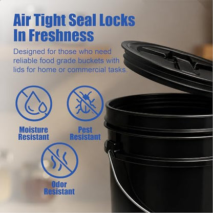 5 Gallon Bucket - Food Grade w/Lid BPA-Free, Black/Black, 6 | Airtight Gamma Seal Screw-On Lid, Heavy-Duty 90 Mil HDPE Plastic, Food Safe and Durable Container, Bulk Storage, Made in USA - color: Black/Black, size: 6 Packs