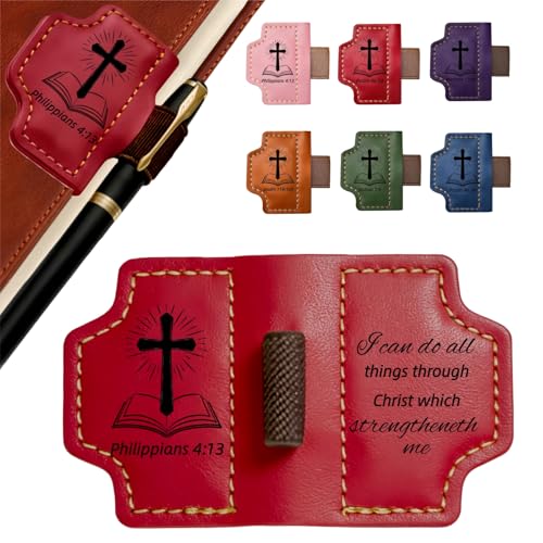 MOTEERLLU Bygone Mark Personalized Magnetic Leather Bookmark Pen Holder, Christian Gifts, Inspirational Bible Book Marks for Reading Women, Men, Teachers, Book Lover(Red Philippians 4:13) - color: Red, size: Philippians 4:13