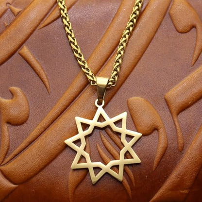 Unisex Nine Point Bahaism Bahai Star Necklace Chain Pendant - color: Gold Plated Steel, size: 18" Chain