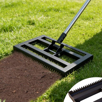 Lawn Leveling Rake 17"x10" for Soil, Gravel Leveling Tool Heavy Duty with Adjustable Long Handle, Garden Level Rake with Tines for Yard, Landscape, Leveling Sand, Grass, Dirt, Ergonomic & Durable - size: 17"x10"