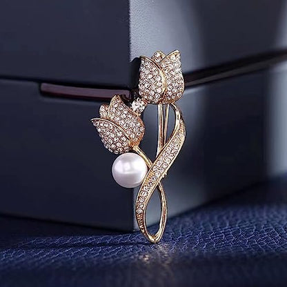 Crystal Pearl Flower Brooches Pins Fashion Beautiful Created Rhinestone Floral Brooch Good Idea for Party Dance Wedding Banquet for Elegant Women Girl - color: Gold Tulip