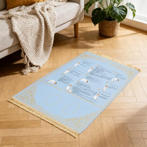 Prayer Mat with Instructions, Suede Muslim Prayer Rug for Beginners | suede prayer mat with Arabic, English, and transliteration guidance for home, school, travel, kids, and reverts. - color: Blue