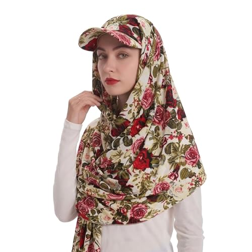ZLYC Women Muslim Hijab Scarf with Visor Built-in Undercap Sun Protection Headwrap - color: Floral Beige