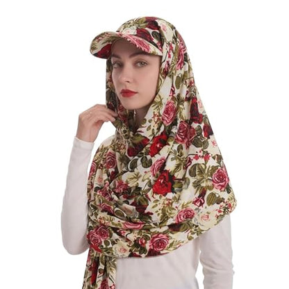 ZLYC Women Muslim Hijab Scarf with Visor Built-in Undercap Sun Protection Headwrap - color: Floral Beige