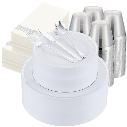 700 PCS Silver Plastic Dinnerware for 100 Guests, Silver Disposable Plate for Party Wedding with 100 Dinner Plates, 100 Dessert Plates, 100 Silverware Set, 100 Cups, 100 Napkins - color: Silver, size: 100 Guests