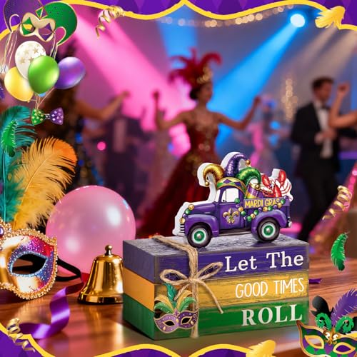 4 Pcs Mardi Gras Decorations Mardi Gras Centerpieces Truck Table Decorations Farmhouse Wooden Tabletop Blocks Sign for Party Rustic Tiered Tray Shelf Office Carnival Decor - style: Mardi Gras
