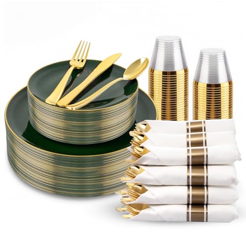 KIRE 175PCS Green Plastic Plates with Gold Rim - Heavy Duty Green Plates Disposable Include 50 Fancy Plastic Plate, 25Pre Rolled Napkins 25 Cups For Party/Wedding/Spring/2026 FIFA World Cup - color: 175PCS green