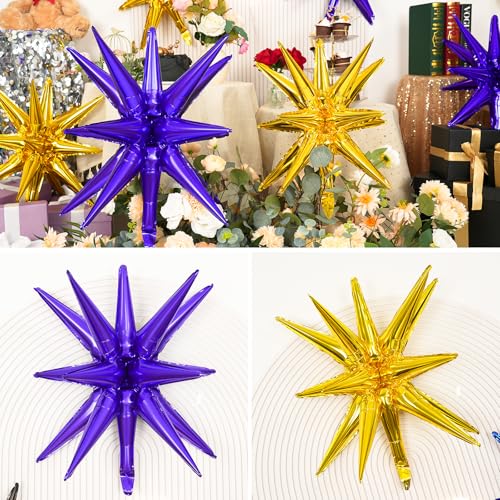 9Pcs Purple and Gold Star Balloons, Large Spike Foil Balloons Party Decor - color: Gold + Dark Purple